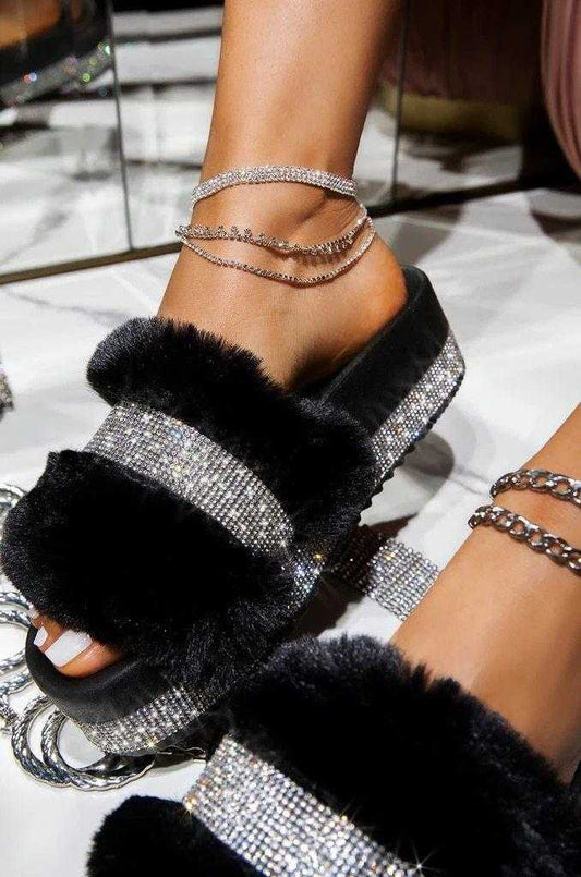 Luxury Designer Women Fur Rhinestone Slippers Platform Wedges