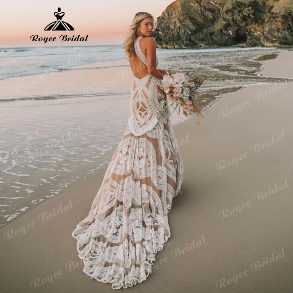 Sexy Tassel Lace Backless Mermaid Boho Wedding Dress