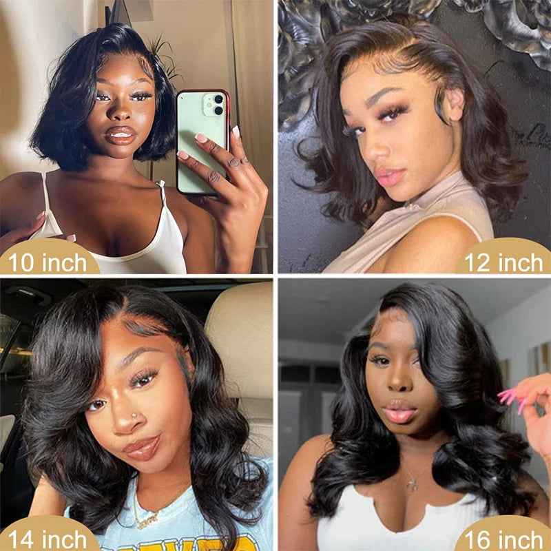 16" Body Wave Bob Wig, 180% Density, Pre-Plucked HD Lace