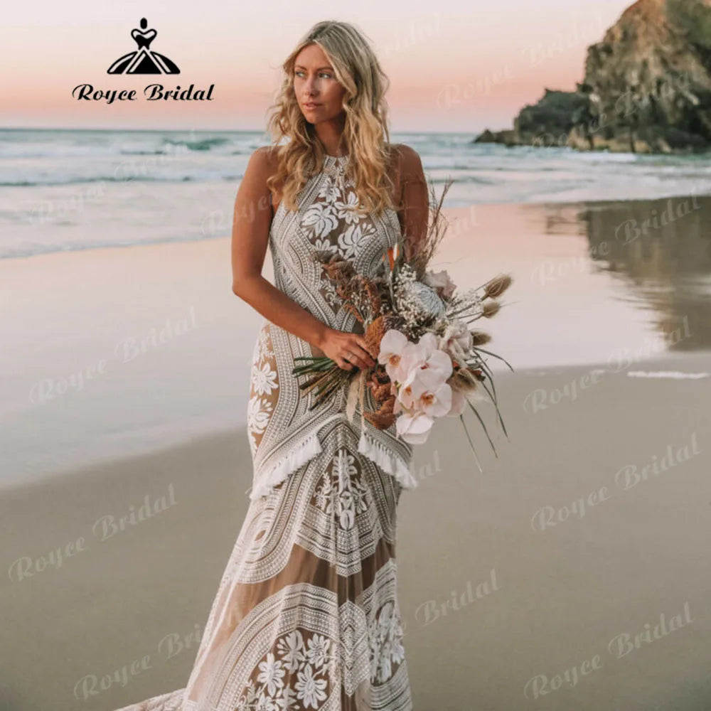 Sexy Tassel Lace Backless Mermaid Boho Wedding Dress