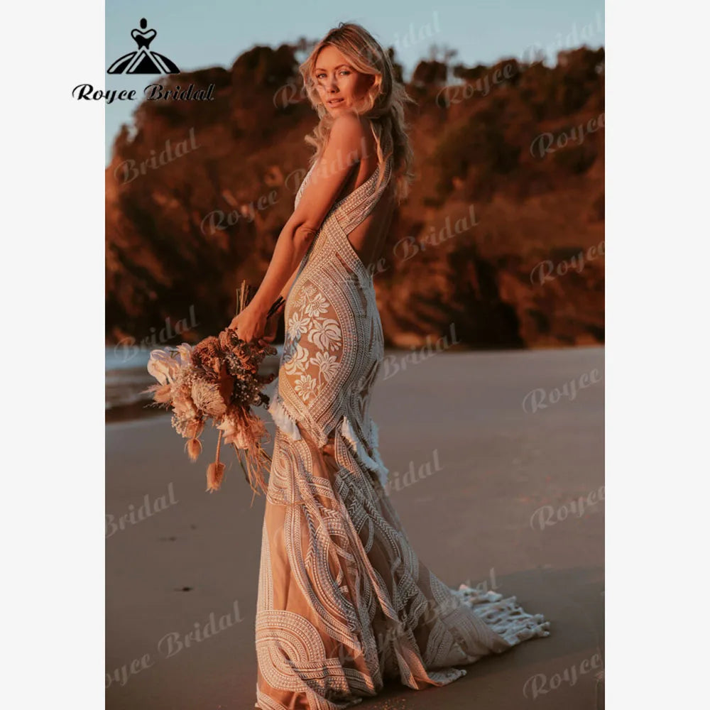 Sexy Tassel Lace Backless Mermaid Boho Wedding Dress