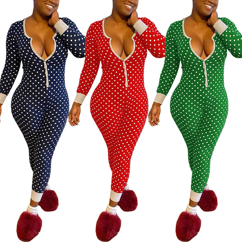 New Women Casual Loungewear Polka Dot Christmas Pajamas Jumpsuit