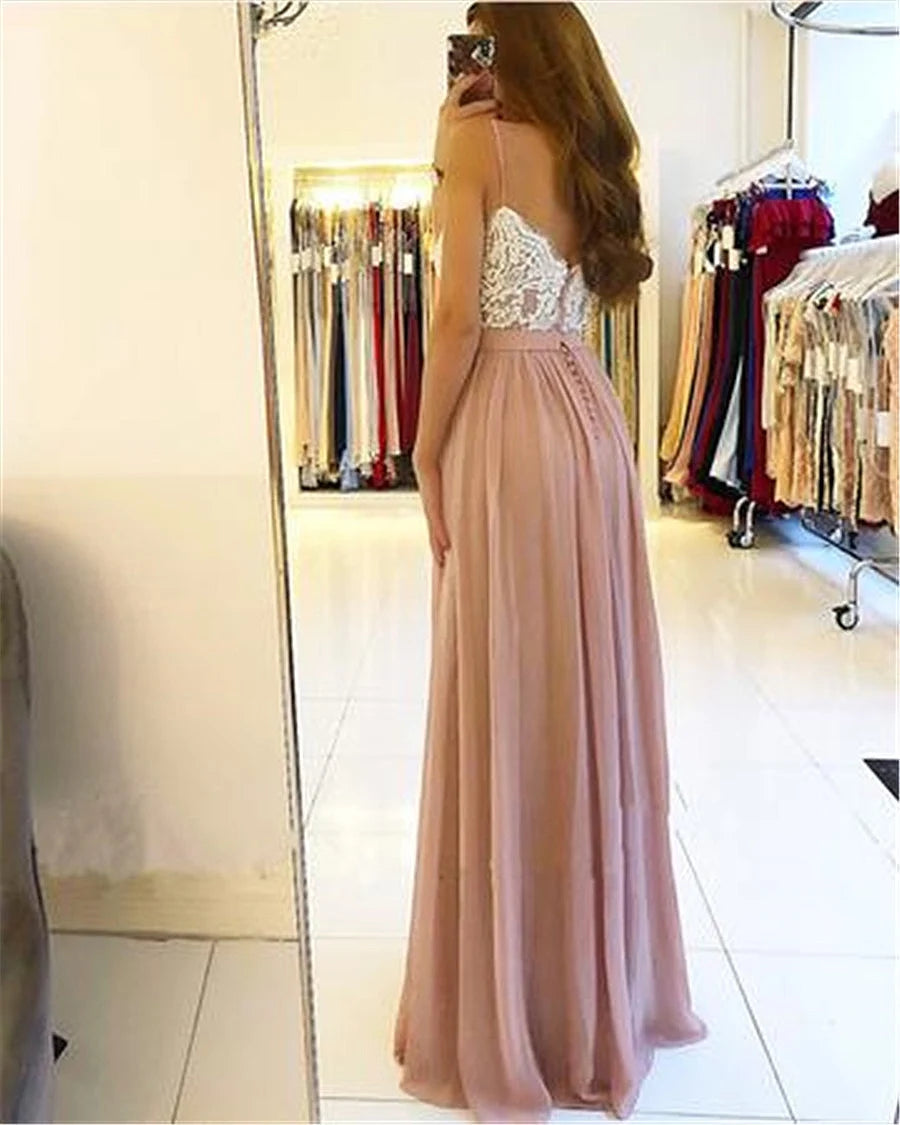 Blush Pink Long Bridesmaid Dresses High Side Split Spaghetti Gowns