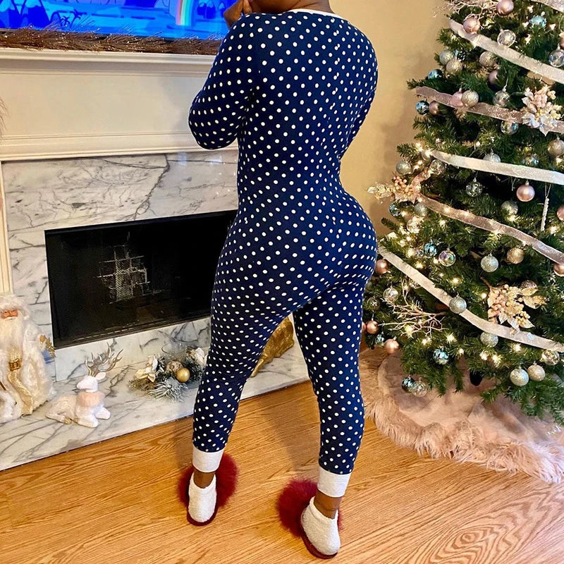 New Women Casual Loungewear Polka Dot Christmas Pajamas Jumpsuit