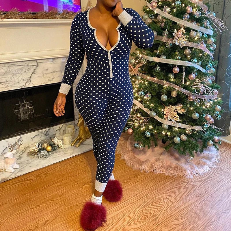 New Women Casual Loungewear Polka Dot Christmas Pajamas Jumpsuit