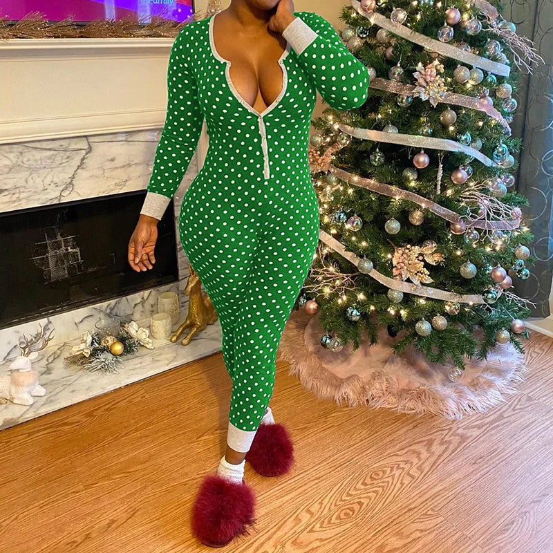 New Women Casual Loungewear Polka Dot Christmas Pajamas Jumpsuit