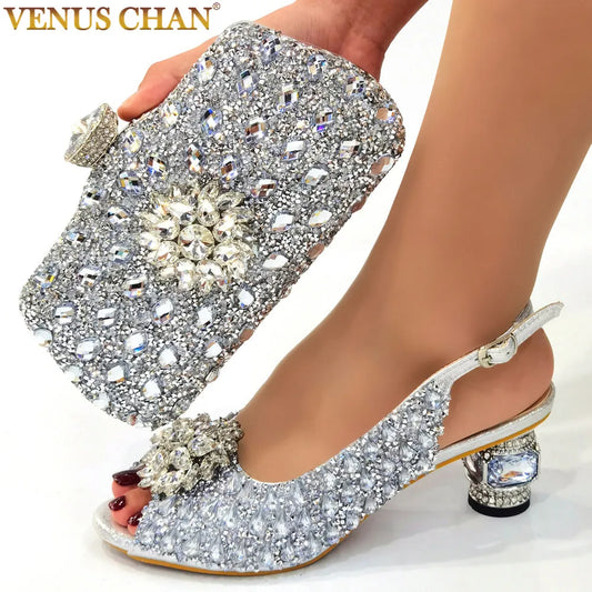 New silver color Nigerian women's Wedding shoes and bags