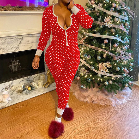 New Women Casual Loungewear Polka Dot Christmas Pajamas Jumpsuit