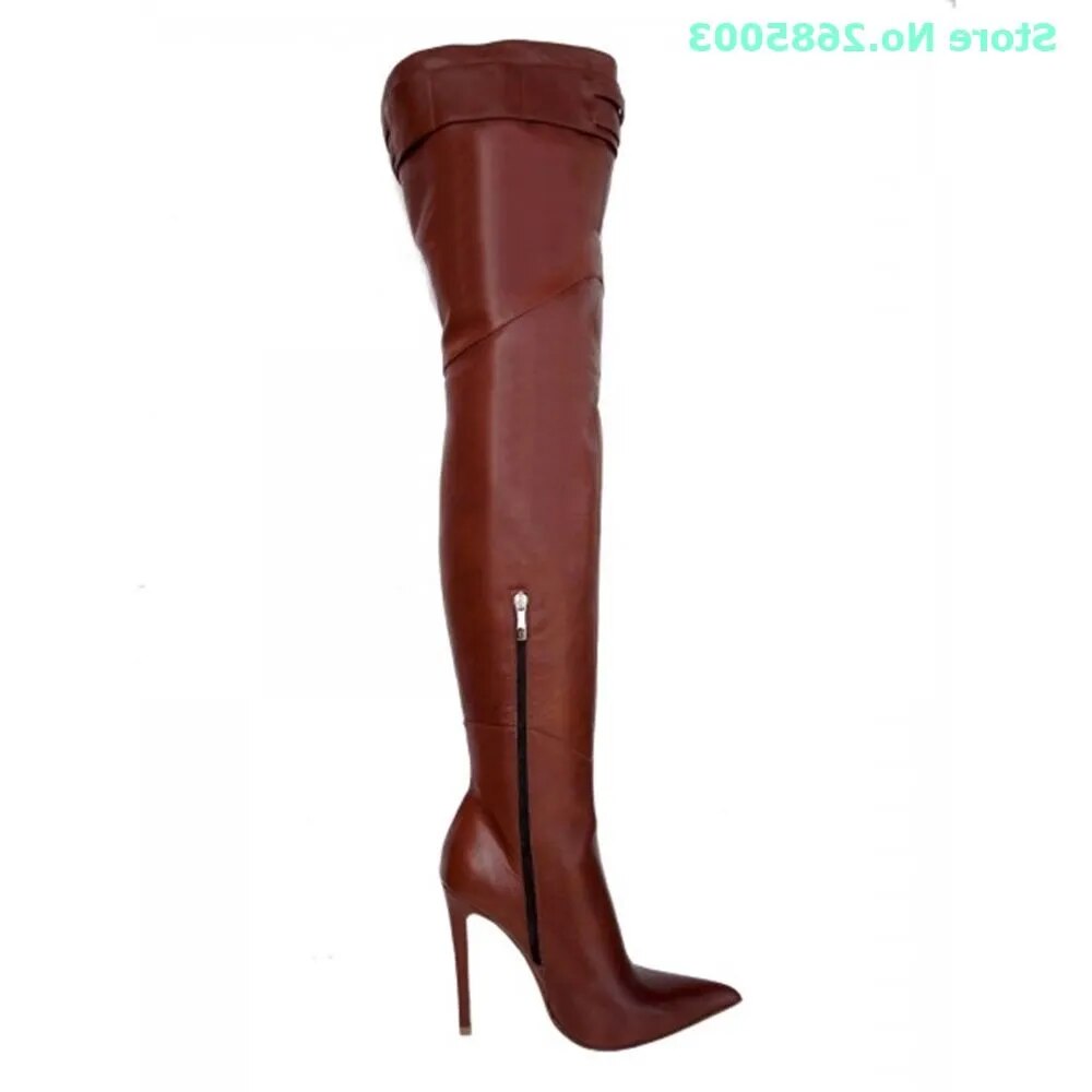 Brown Buckle Thigh High Boots Pointed Toe Winter Boots Women Party Dress Shoes