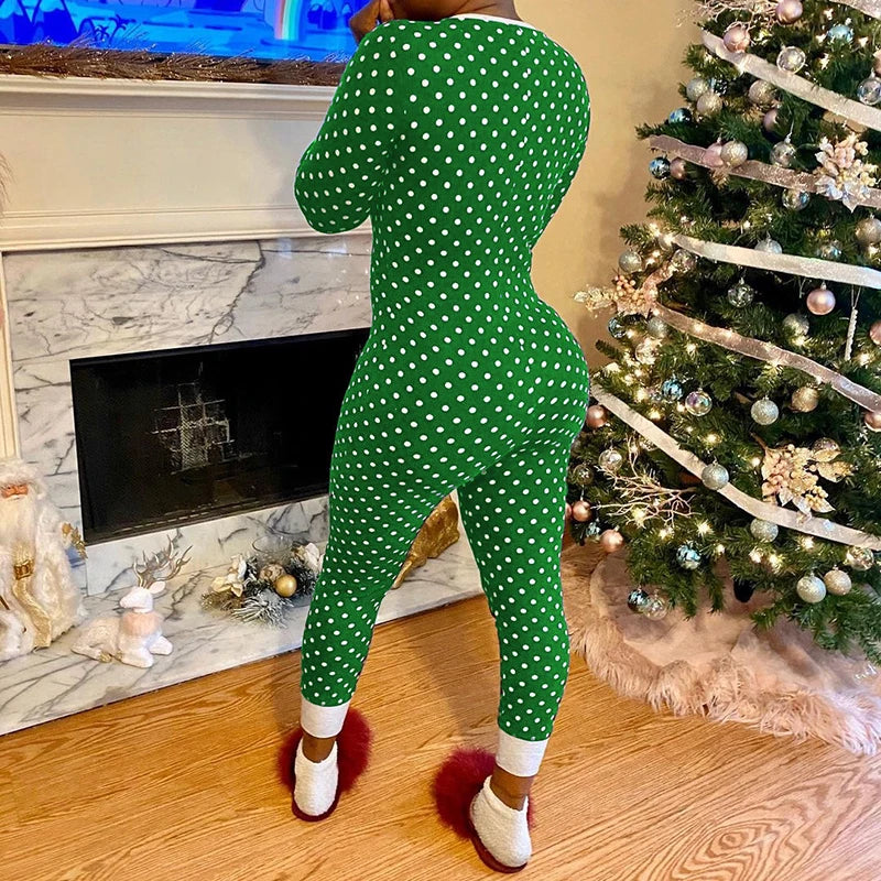 New Women Casual Loungewear Polka Dot Christmas Pajamas Jumpsuit