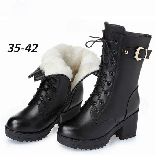 Winter Leather Boots Thick Wool Warm High-heeled