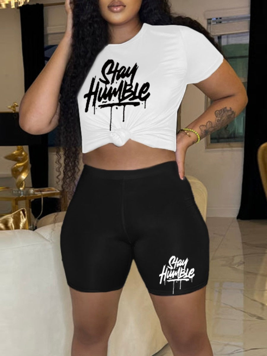LW Letter Stay Humble Print Two Pieces Shorts Set