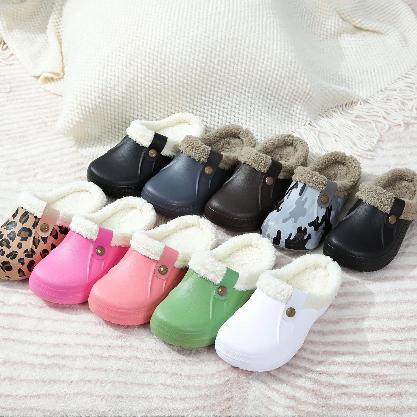 Shevalues Plush Fur Clogs Slippers Multi-Use Indoor Home Shoes