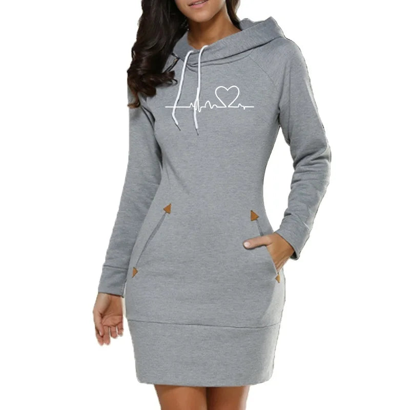 Women's ECG Printed Hoodie Dress - Long Sleeve, Slim Fit, Cotton, S-3XL