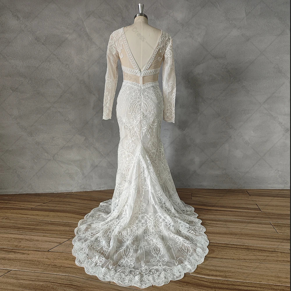 DREAM Customized Deep V Neck Lace Backless Mermaid Wedding Dress