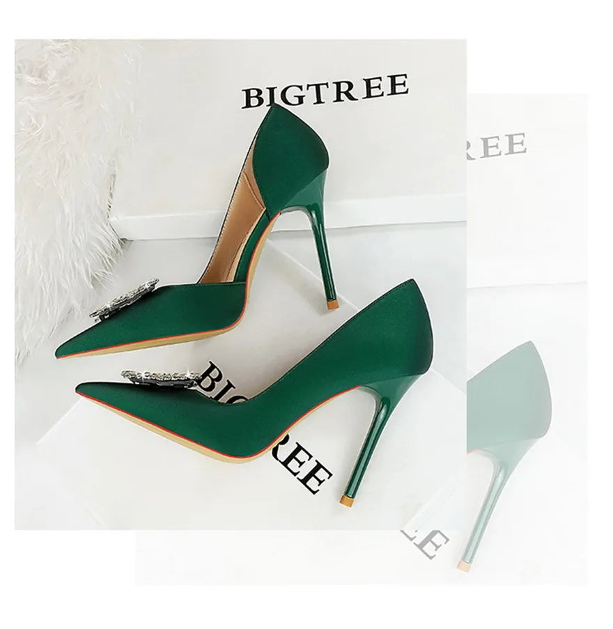 BIGTREE Blue Black Fashion Crystal Square Buckle Women Pumps