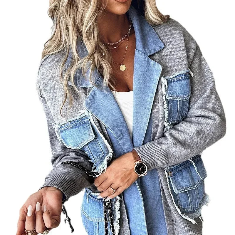 Women's Raw Hem Patchwork Cardigan Denim Jacket – Autumn/Winter