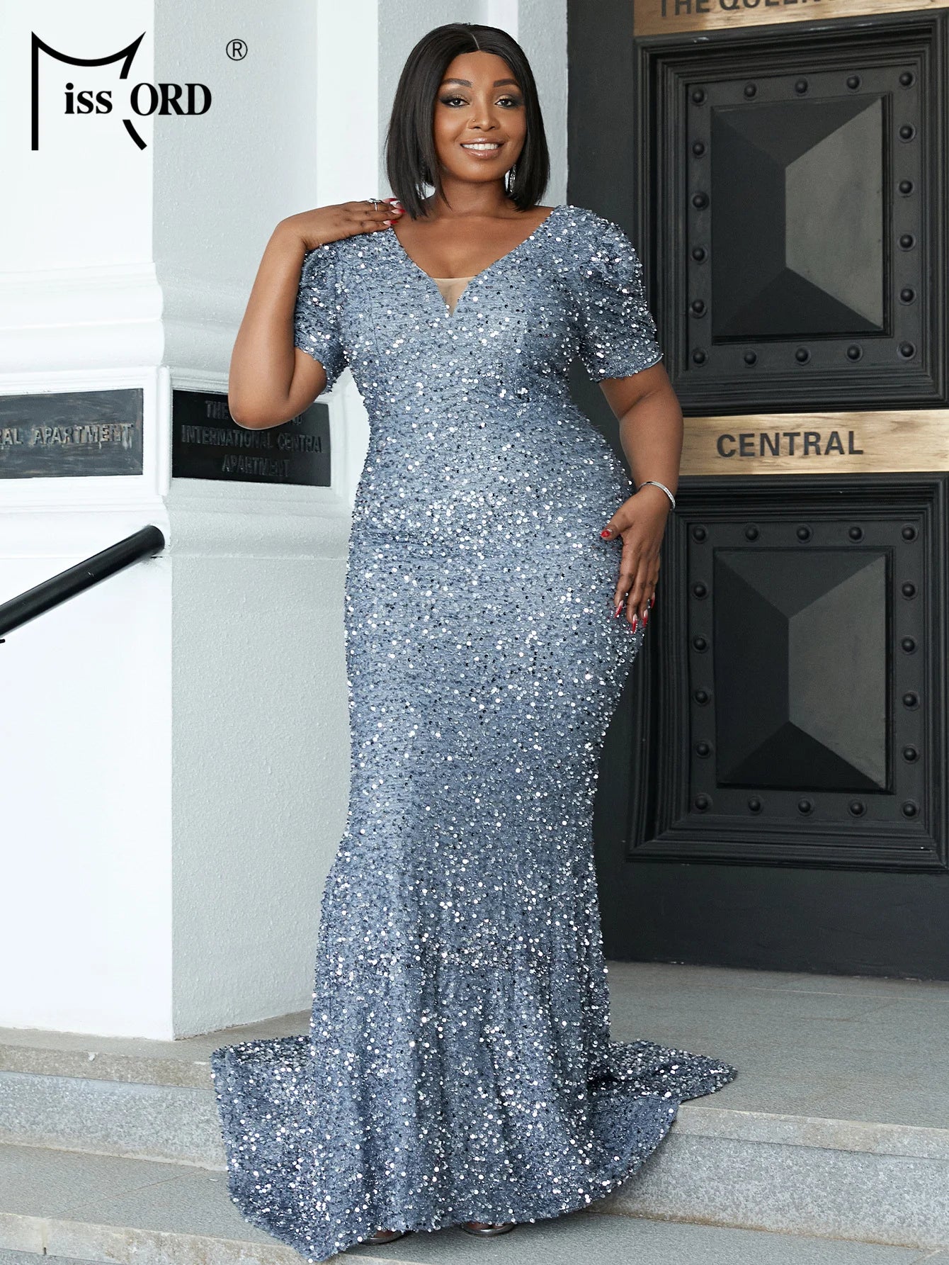 L-4XL Plus Size Dress Big Bow Sequins Prom and Evening Dress