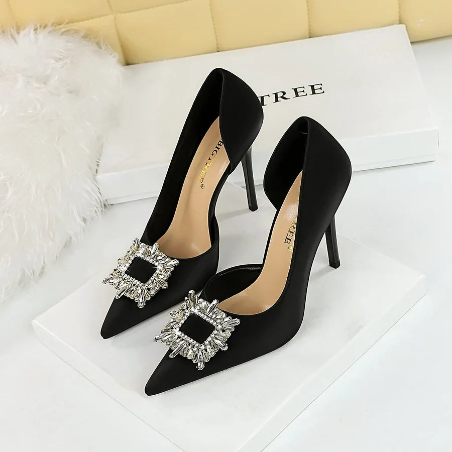 BIGTREE Blue Black Fashion Crystal Square Buckle Women Pumps