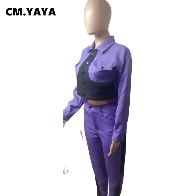 CM.YAYA Women's Patchwork Button Jacket & Pants Suit