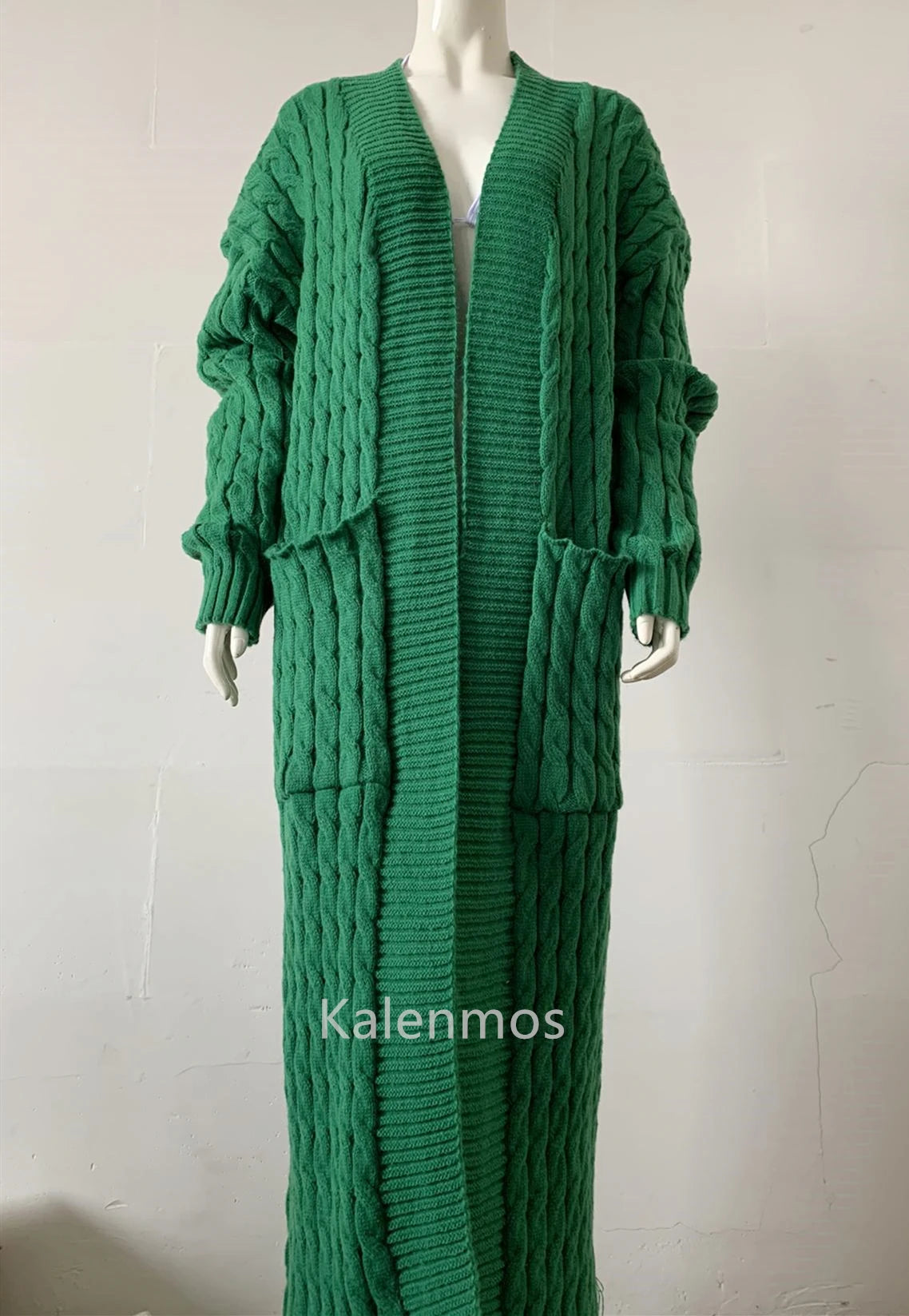 Women's Long Knit Cardigan - Green Crochet Sweater