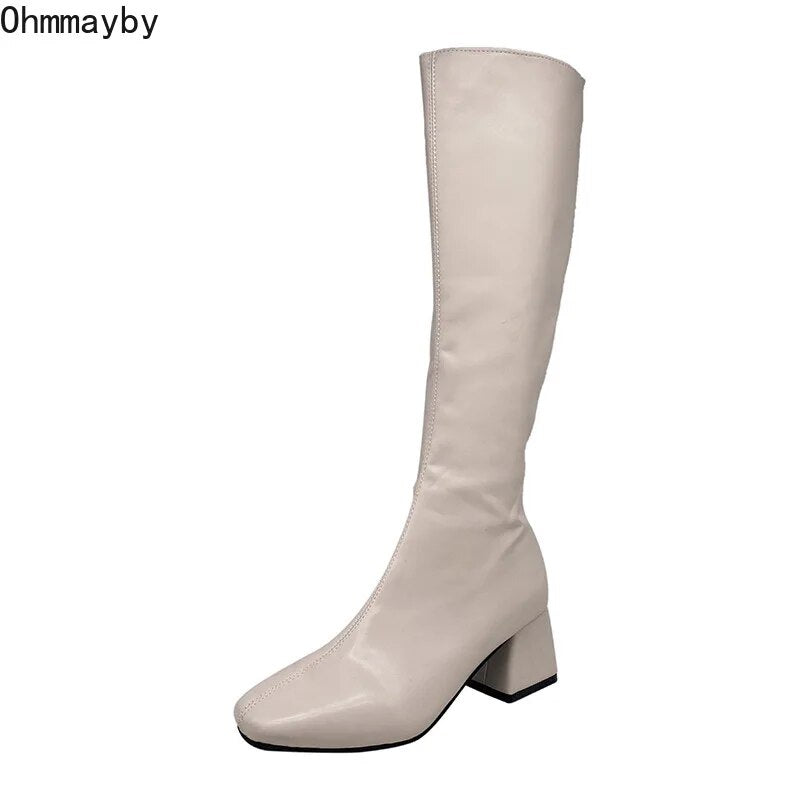 Women Warm Long Boots Thick Heel PU Leather Soft Zipper