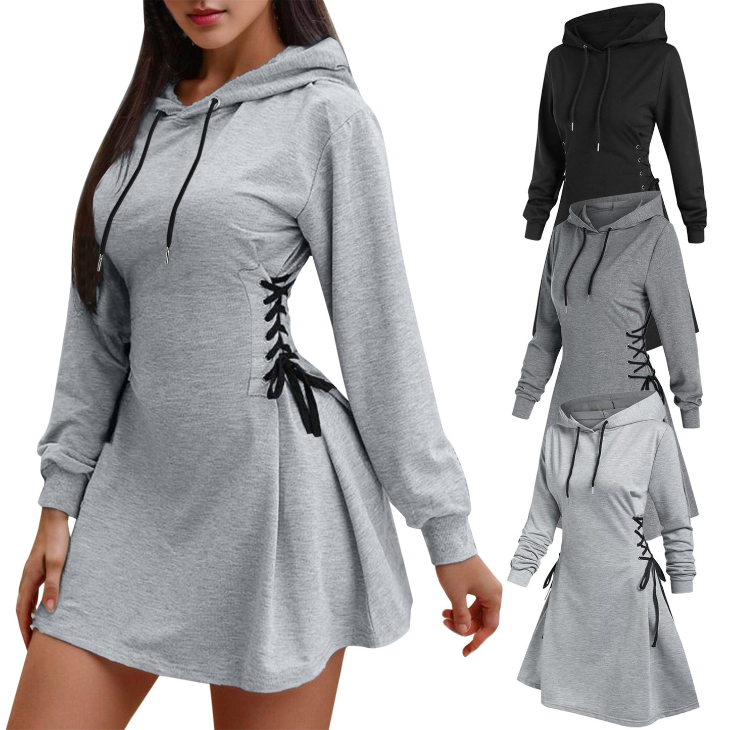 Women's Slim Fit V-Necktie-Waist Hoodie Dress – Long Sleeve,