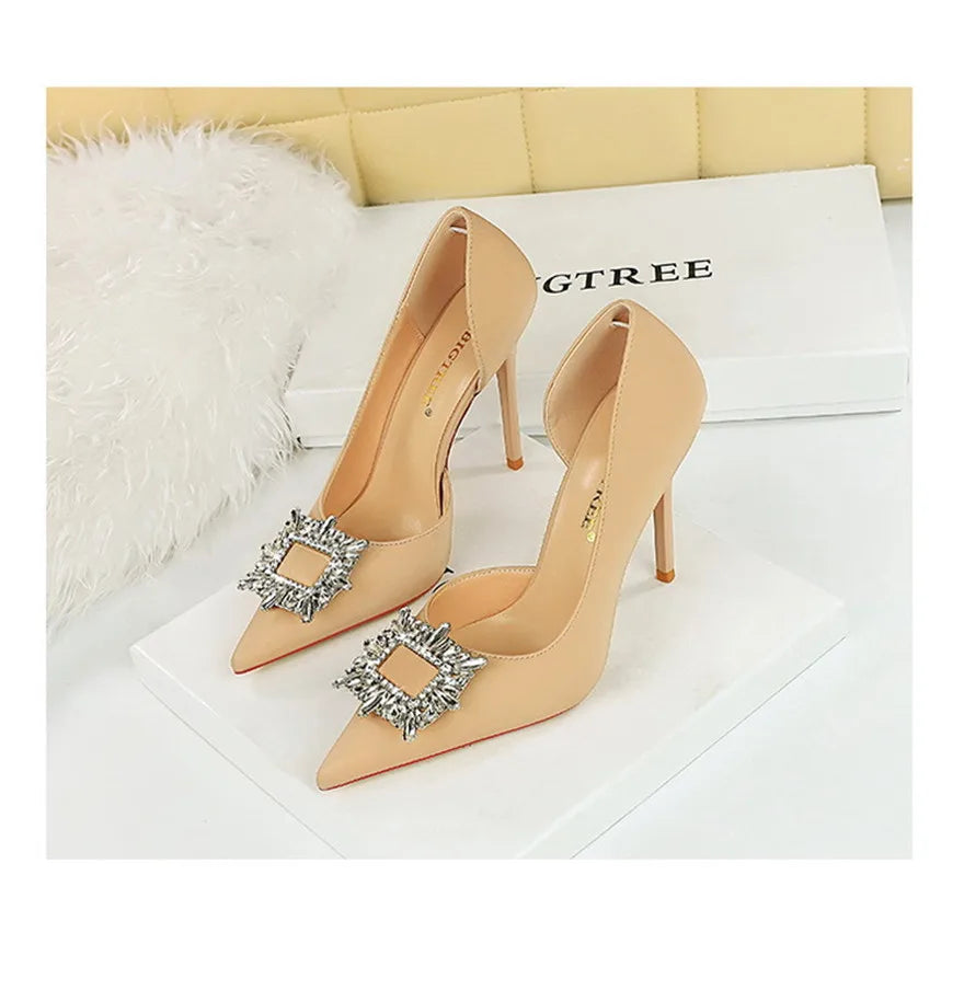 BIGTREE Blue Black Fashion Crystal Square Buckle Women Pumps