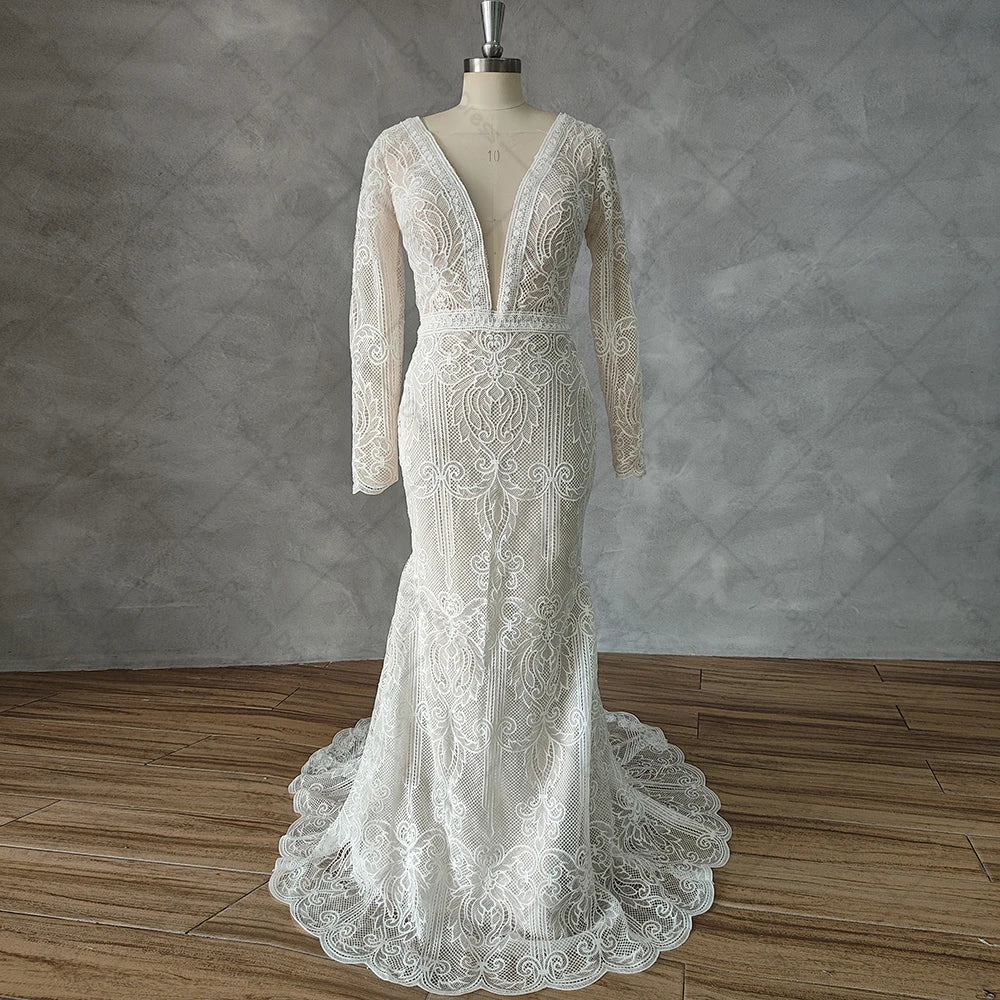 DREAM Customized Deep V Neck Lace Backless Mermaid Wedding Dress