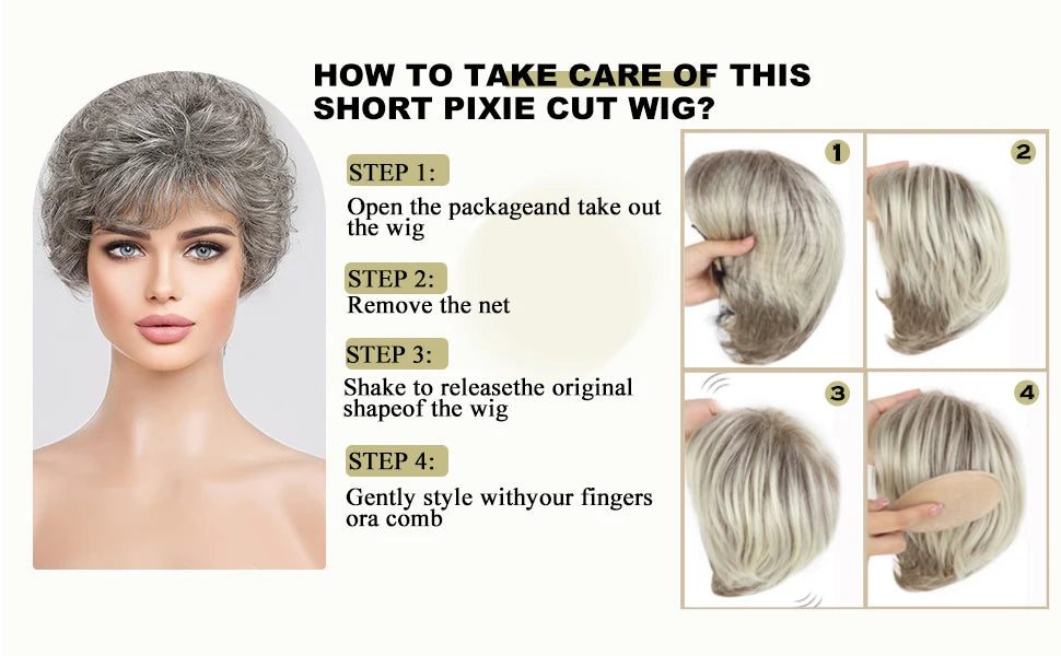 "Gray Wavy Curly Pixie Cut Wig with Bangs for Women"