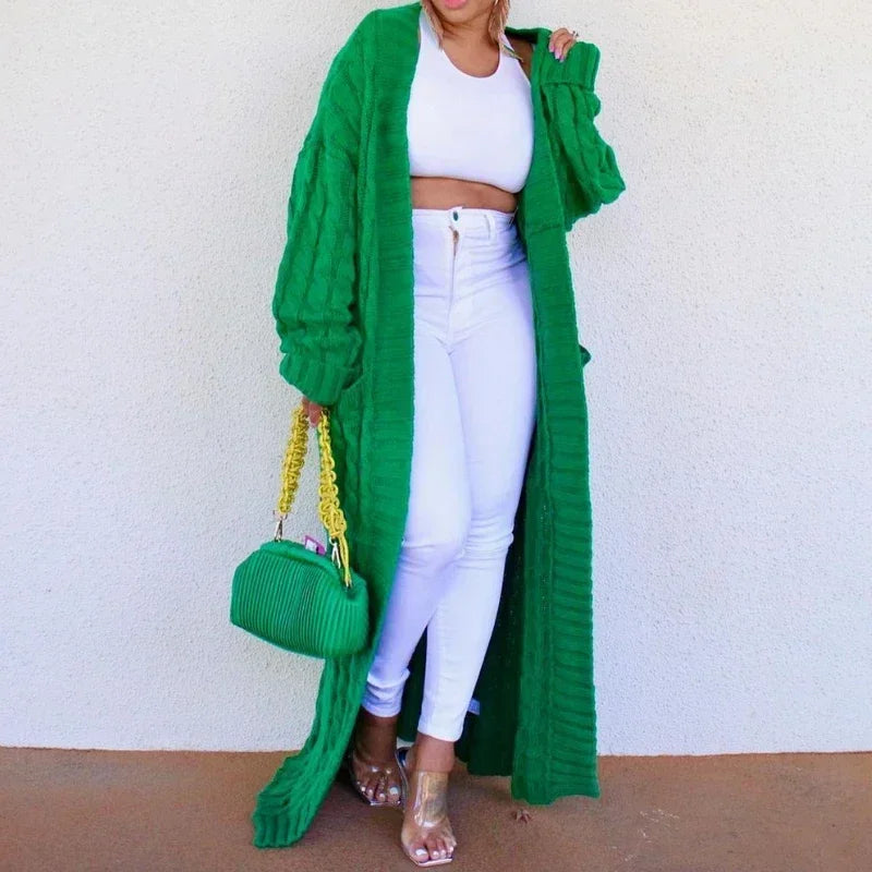 Women's Long Knit Cardigan - Green Crochet Sweater