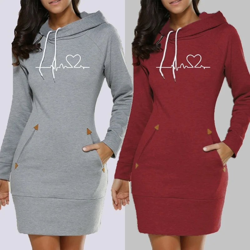 Women's ECG Printed Hoodie Dress - Long Sleeve, Slim Fit, Cotton, S-3XL