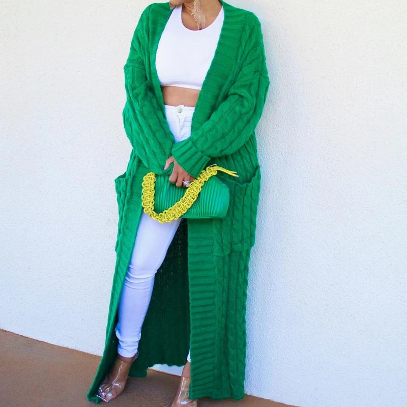 Women's Long Knit Cardigan - Green Crochet Sweater