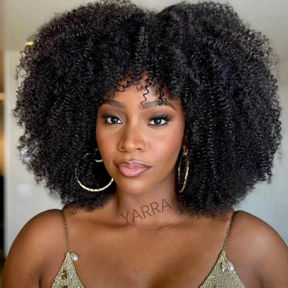 "Afro Kinky Curly Wig with Bangs – 100% Human Hair