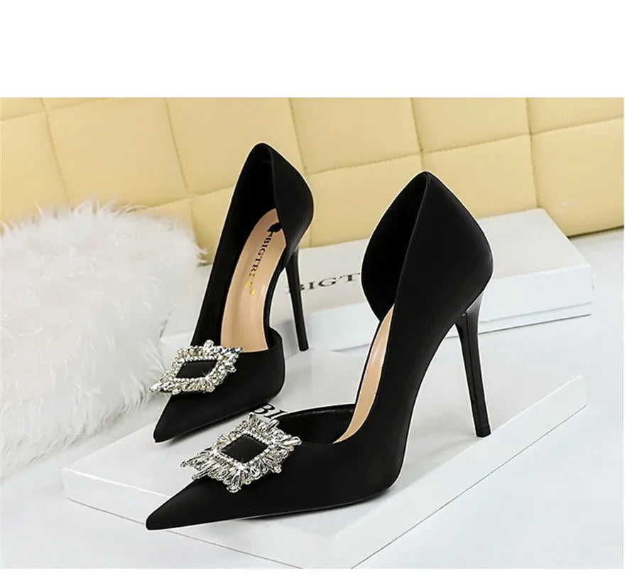 BIGTREE Blue Black Fashion Crystal Square Buckle Women Pumps