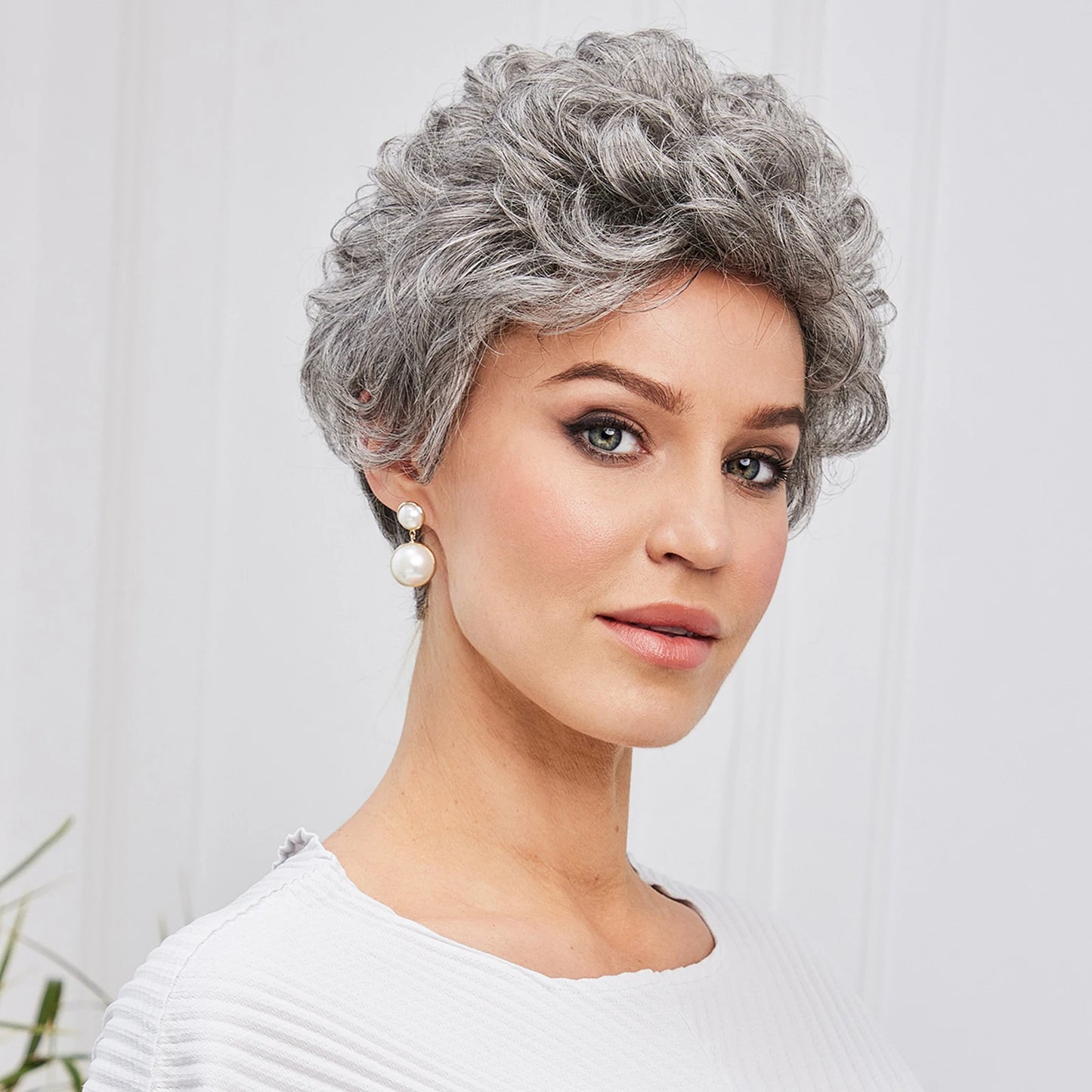 "Gray Wavy Curly Pixie Cut Wig with Bangs for Women"