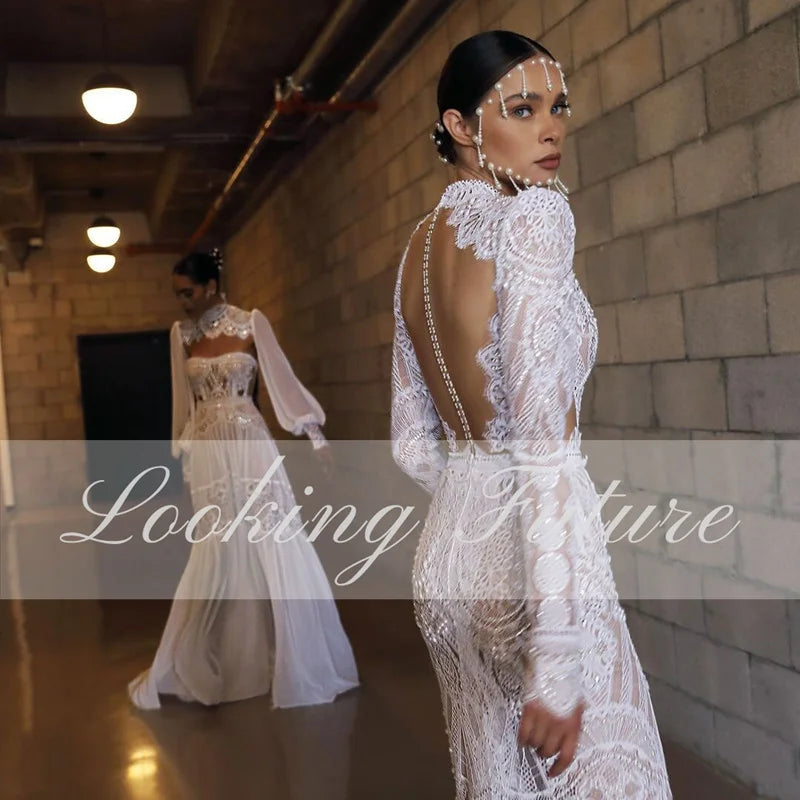 Boho Backless Wedding Dresses A-Line Long Sleeves Gowns
