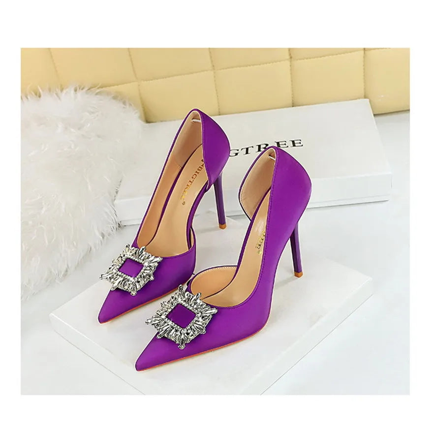 BIGTREE Blue Black Fashion Crystal Square Buckle Women Pumps