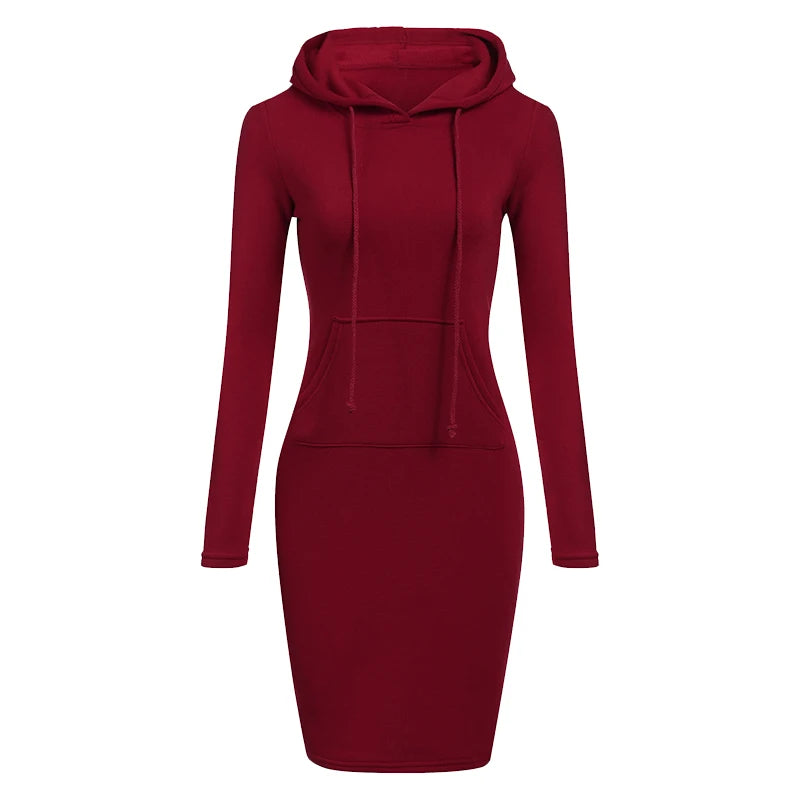 Newest Women's Solid Color Hooded Long Sleeve Dress - S-3XL