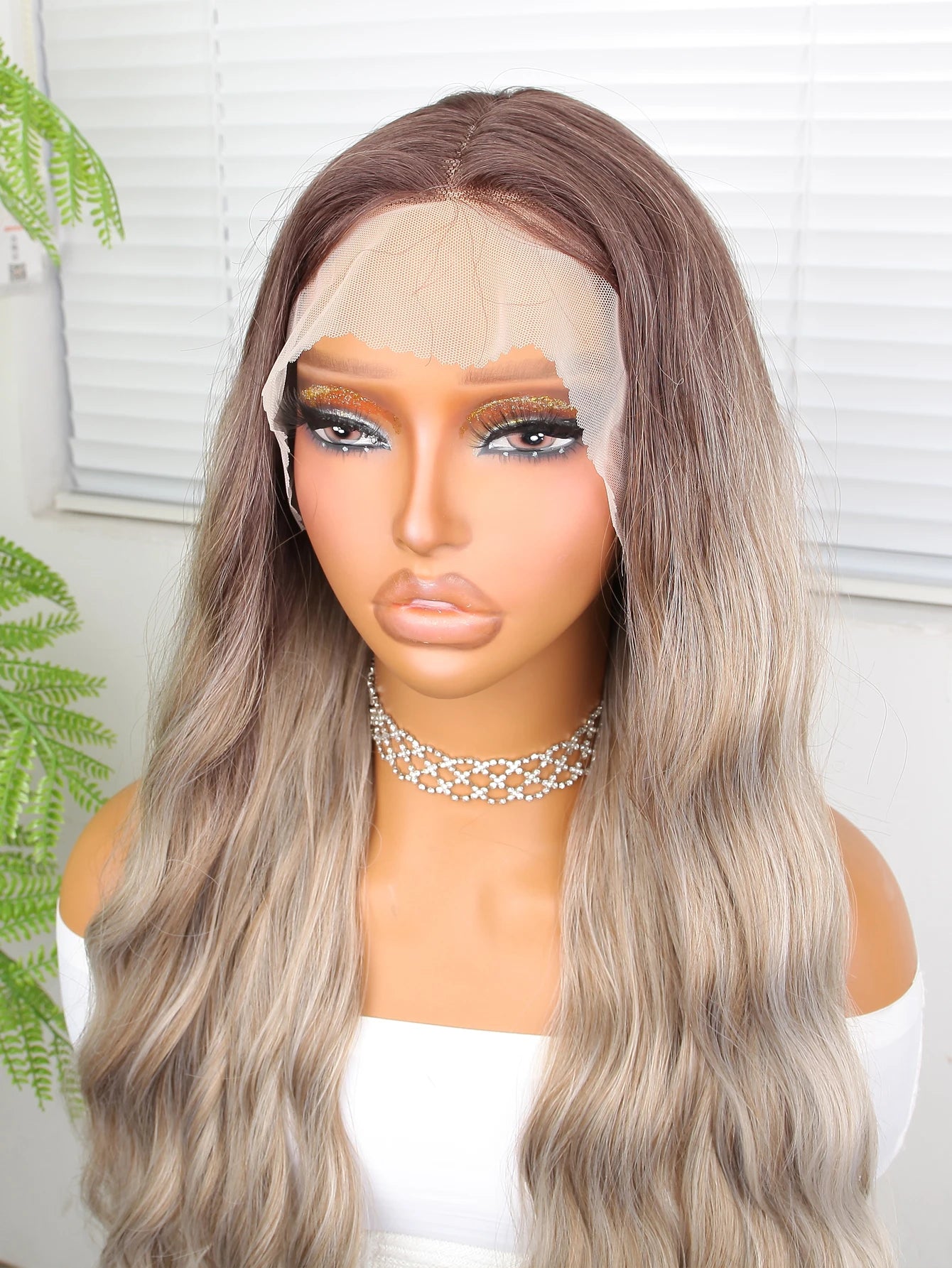 "Ombre 28'' Wavy Grey Lace Front Wig - Synthetic, Heat-Resistant"