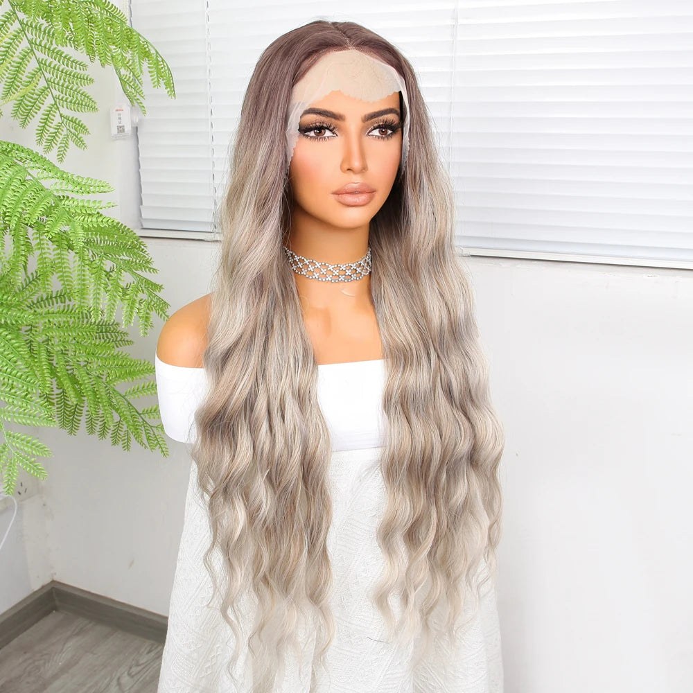 "Ombre 28'' Wavy Grey Lace Front Wig - Synthetic, Heat-Resistant"