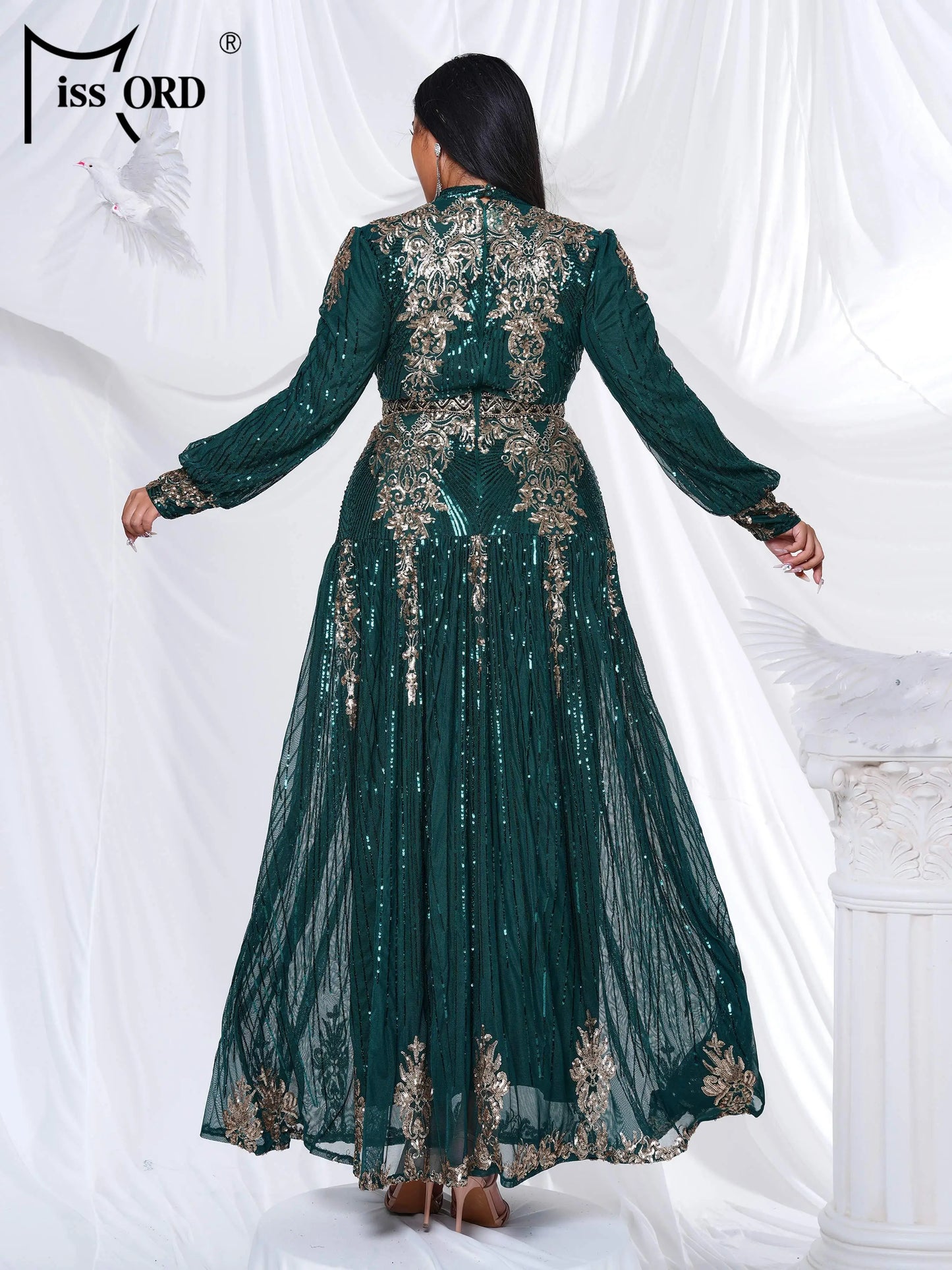 Plus-Size Green Formal Dresses with Geometric Sequin and High Neck Design