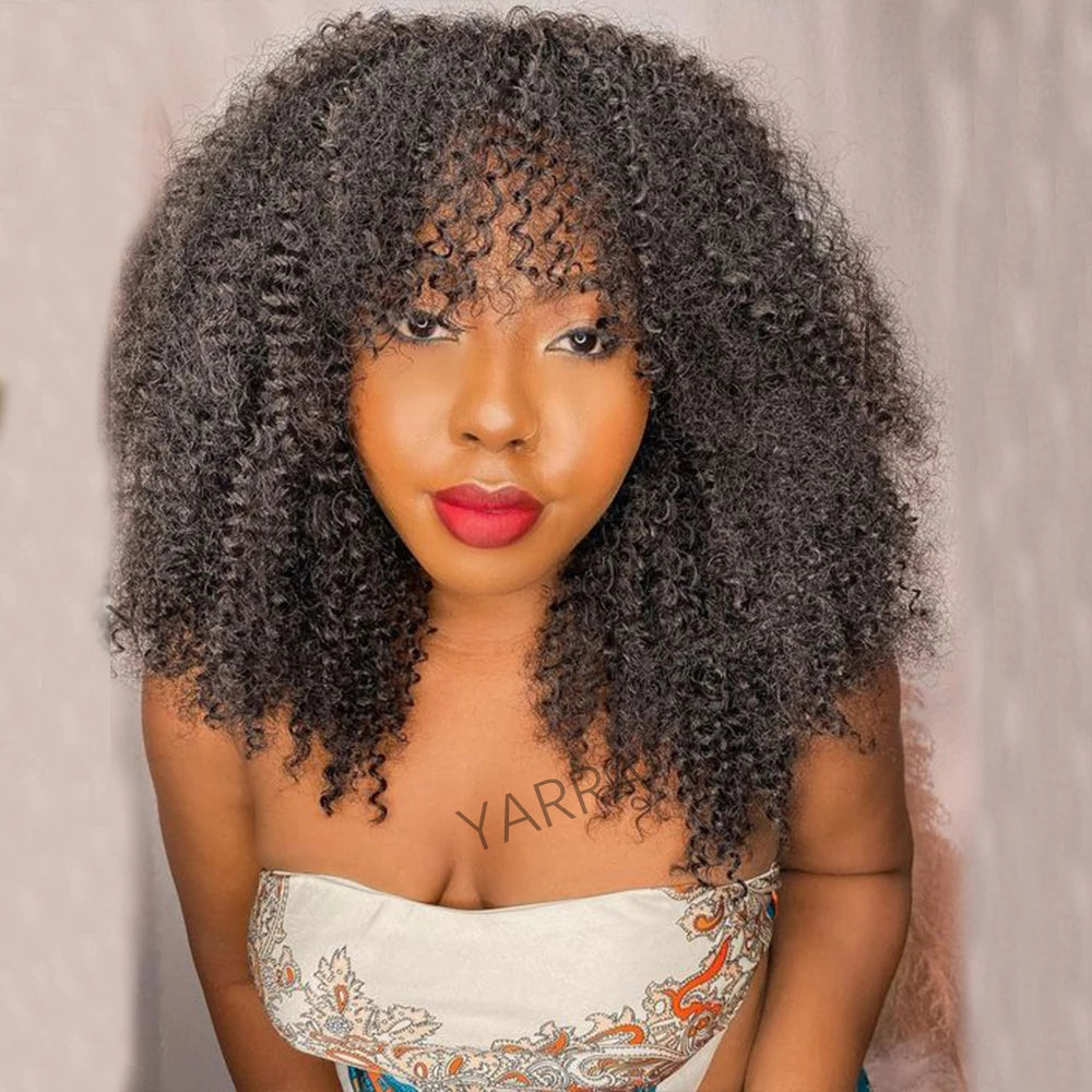 "Afro Kinky Curly Wig with Bangs – 100% Human Hair