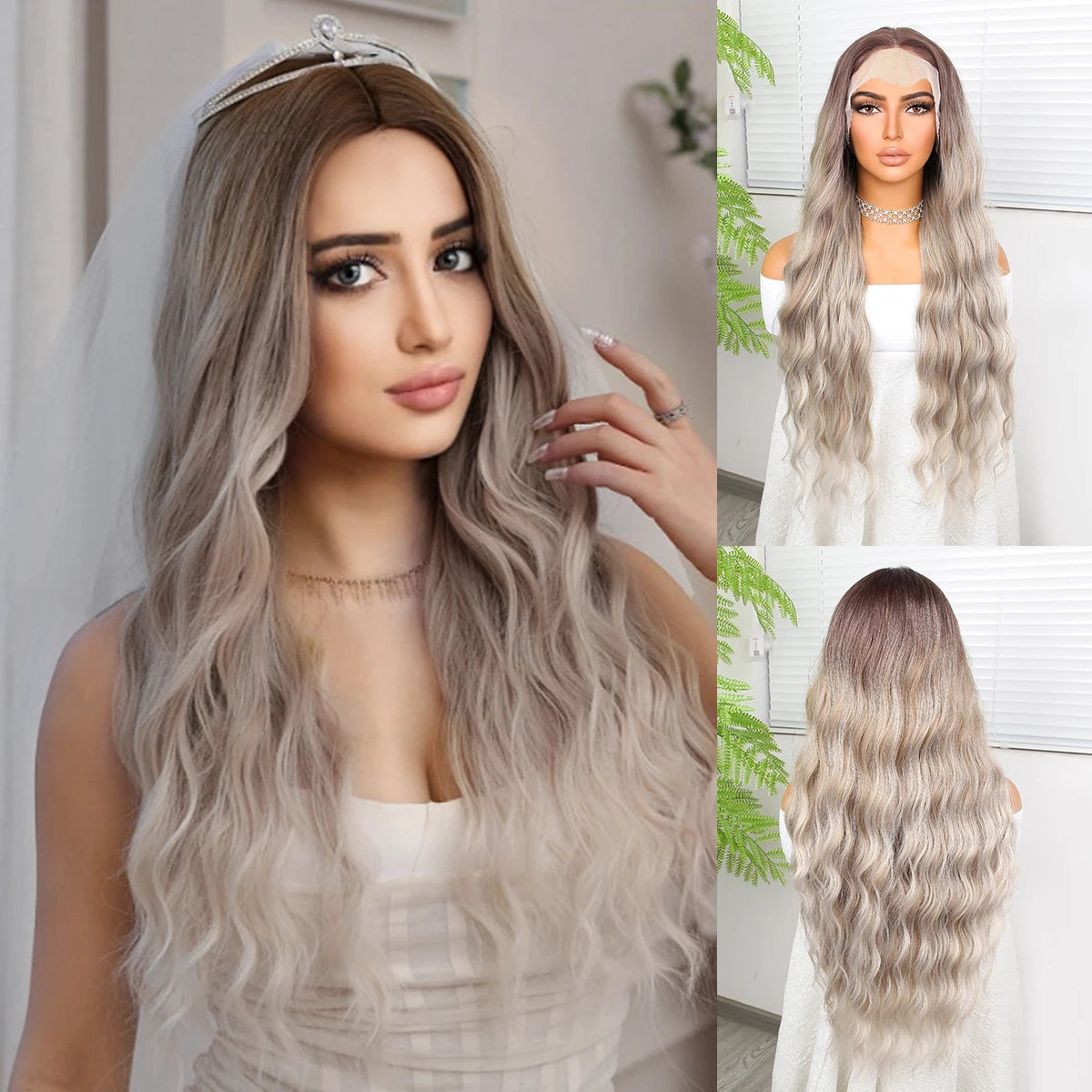 "Ombre 28'' Wavy Grey Lace Front Wig - Synthetic, Heat-Resistant"