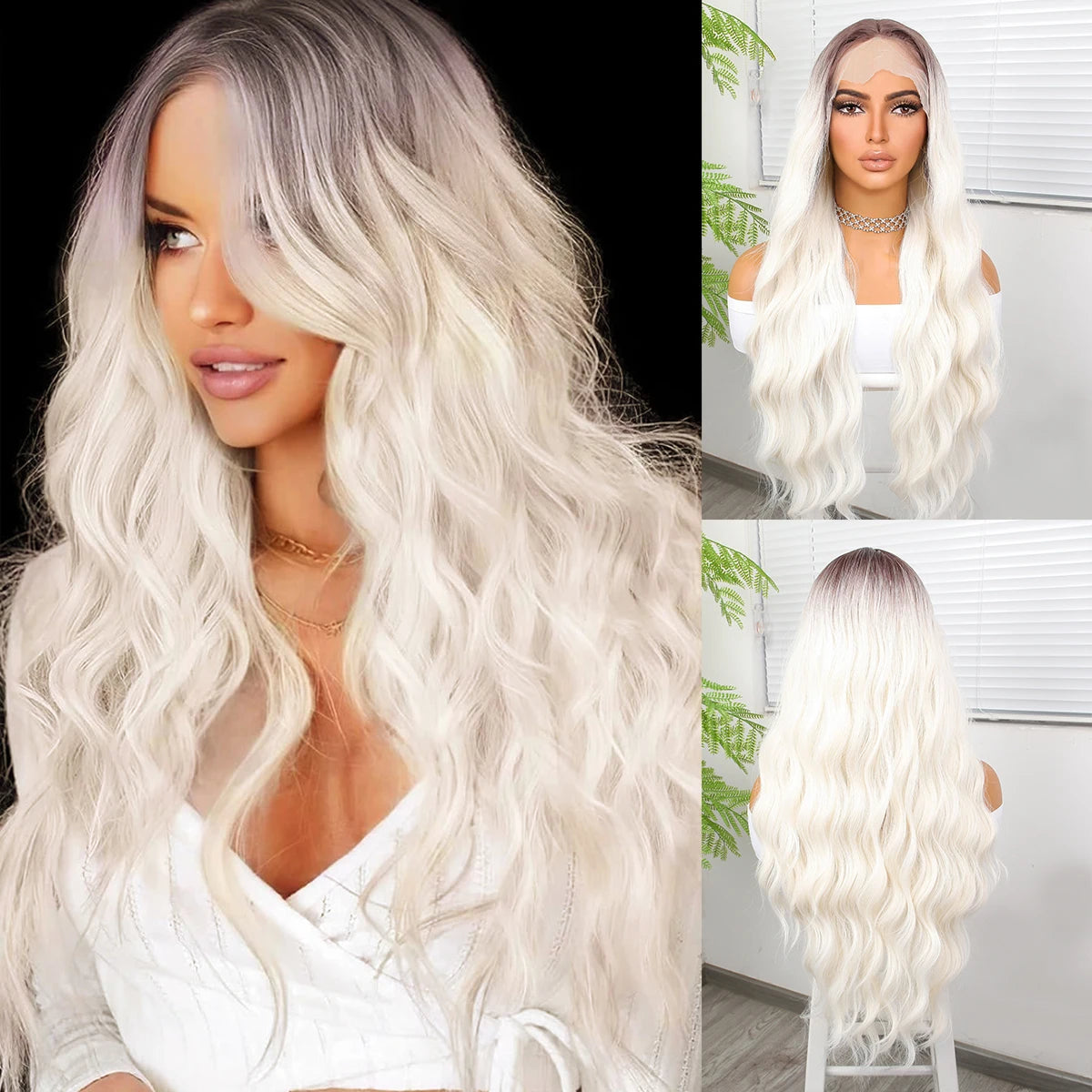 "Ombre 28'' Wavy Grey Lace Front Wig - Synthetic, Heat-Resistant"