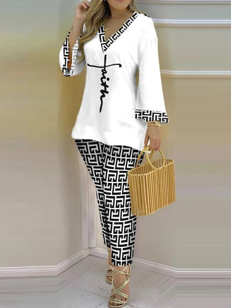 Spring Fashion Sexy V-neck Printing Suit Two-Piece Set