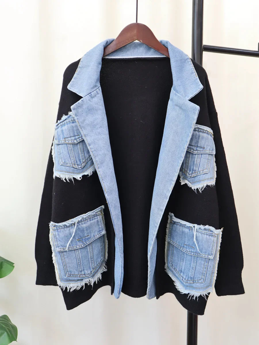 Women's Raw Hem Patchwork Cardigan Denim Jacket – Autumn/Winter