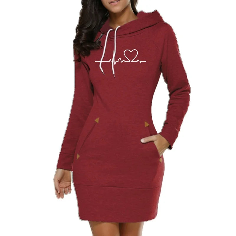 Women's ECG Printed Hoodie Dress - Long Sleeve, Slim Fit, Cotton, S-3XL