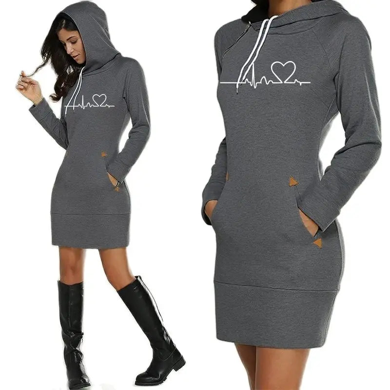 Women's ECG Printed Hoodie Dress - Long Sleeve, Slim Fit, Cotton, S-3XL