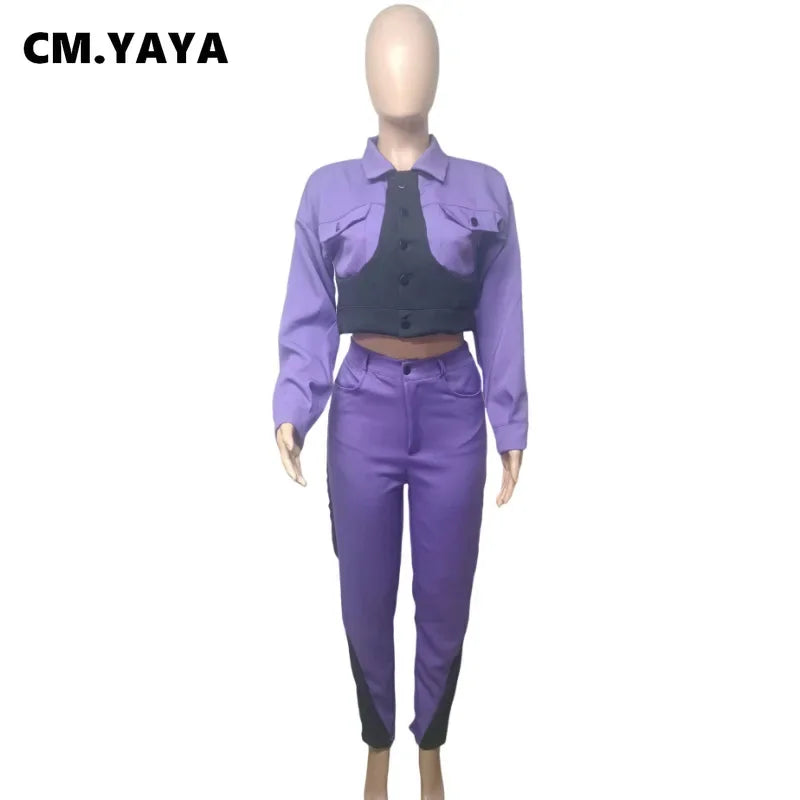 CM.YAYA Women's Patchwork Button Jacket & Pants Suit